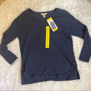 NEW! Navy Waffle knit V Neck Long Sleeve Shirt
